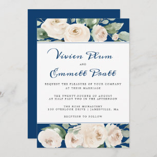 White Rose Floral on Navy Blue Wedding Invitation