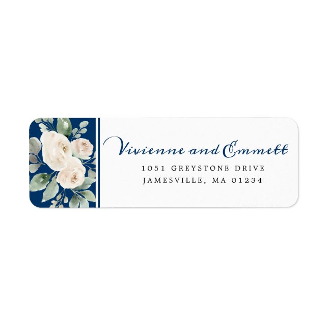 White Rose Floral on Navy Return Address Label (Front)