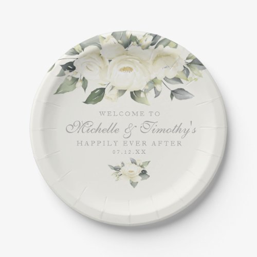 White Rose Floral Paper Plates