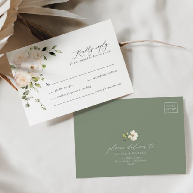 White Rose Floral Sage Elegant Wedding RSVP Card (RSVP Card Front/Back)