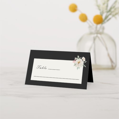 White Rose Floral Watercolor on Black Wedding Place Card