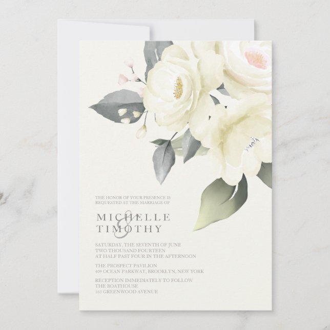White Rose Floral Wedding Invitations (Front)