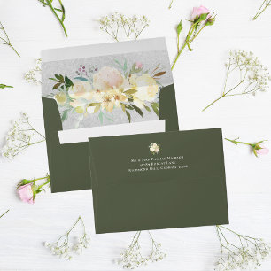 White Rose Floral Wedding Olive Green Envelope