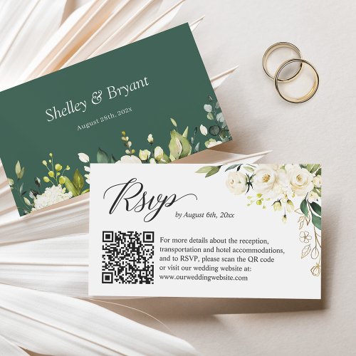 White Rose Floral Wedding Online RSVP QR Code Enclosure Card