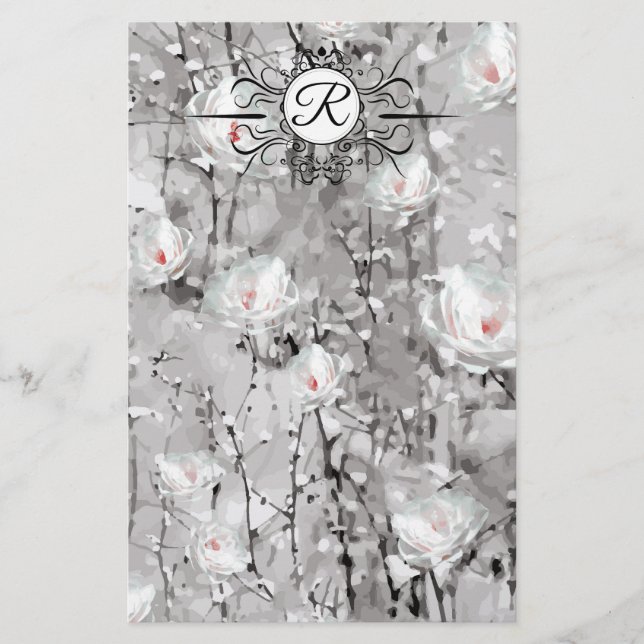 White rose floral winter gray pattern stationery (Front)
