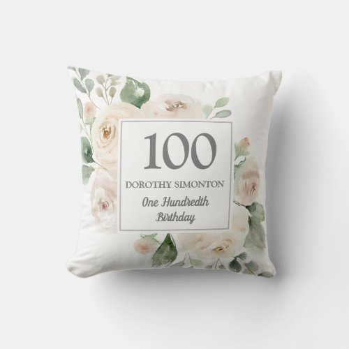 White Rose Floral Womans 100th Birthday Party Gift Throw Pillow
