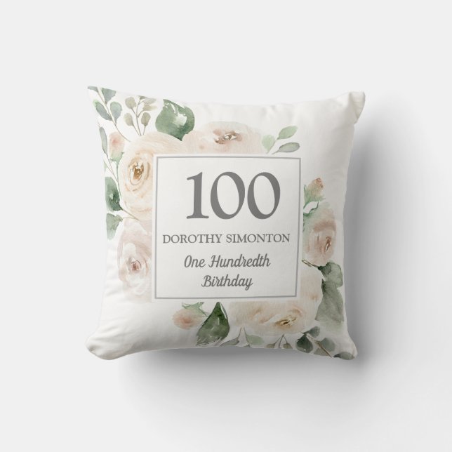 White Rose Floral Womans 100th Birthday Party Gift Throw Pillow (Front)