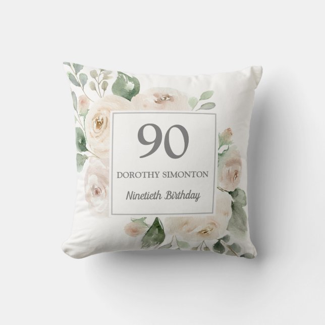 White Rose Floral Womans 90th Birthday Party Gift  Throw Pillow (Front)