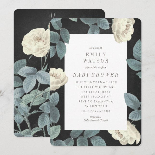 White Rose Flower Chalkboard Baby Shower Invite (Front/Back)