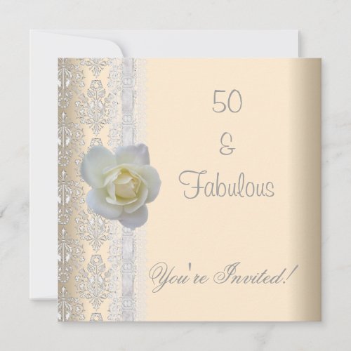 White Rose Flower Cream Fabulous 50th Birthday Personalized Invitation