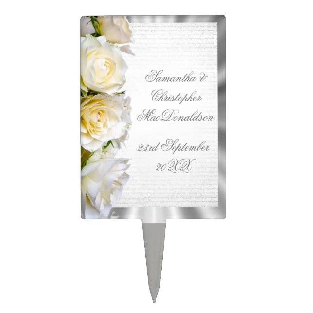 White rose flower floral and silver wedding cake topper (Front)