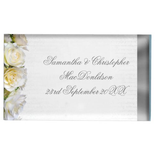 White rose flower floral and silver wedding table card holder