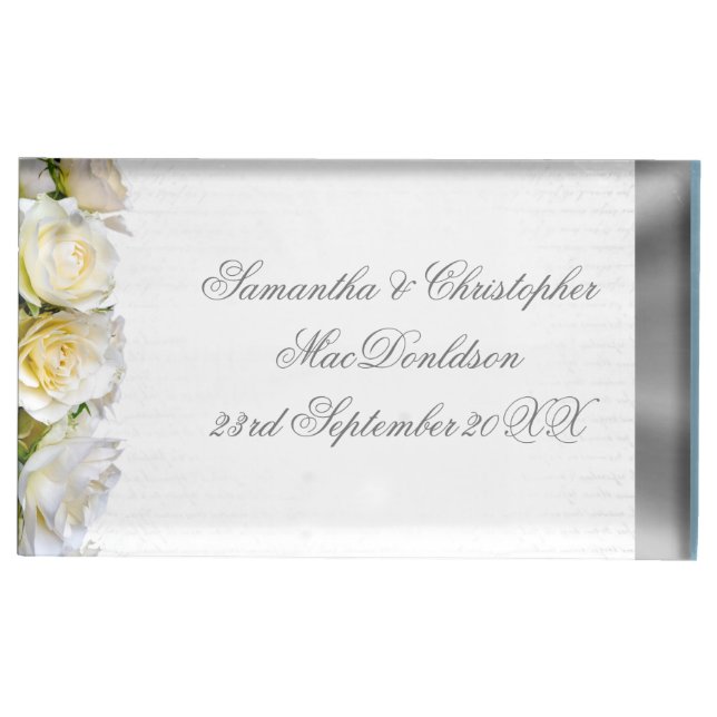 White rose flower floral and silver wedding table card holder (Front)