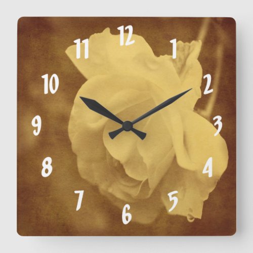 White Rose Flower In Faux Vintage Sepia Square Wall Clock