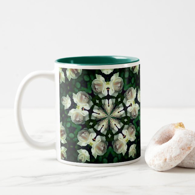 White Rose Flower Kaleidoscope Art  Two-Tone Coffee Mug (With Donut)
