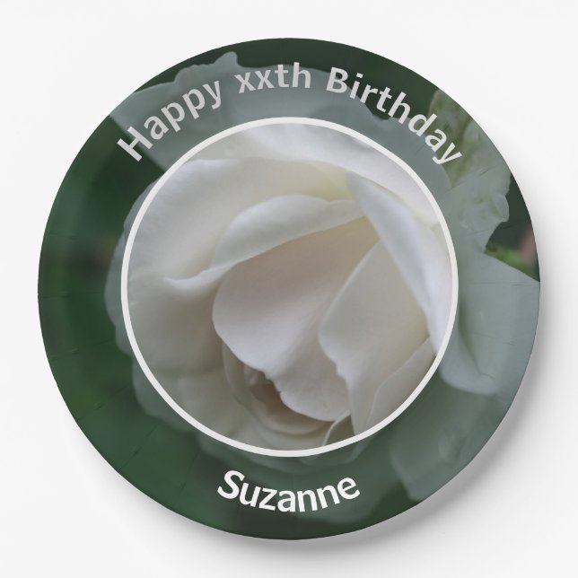 White Rose Flower Personalized Happy Birthday Paper Plates (Front)