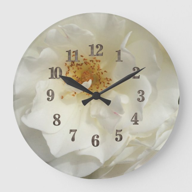 White Rose Flower Photo with Name Large Bloom Clock (Front)