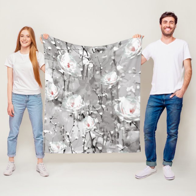 White rose flower winter floral gray fleece blanket (In Situ)