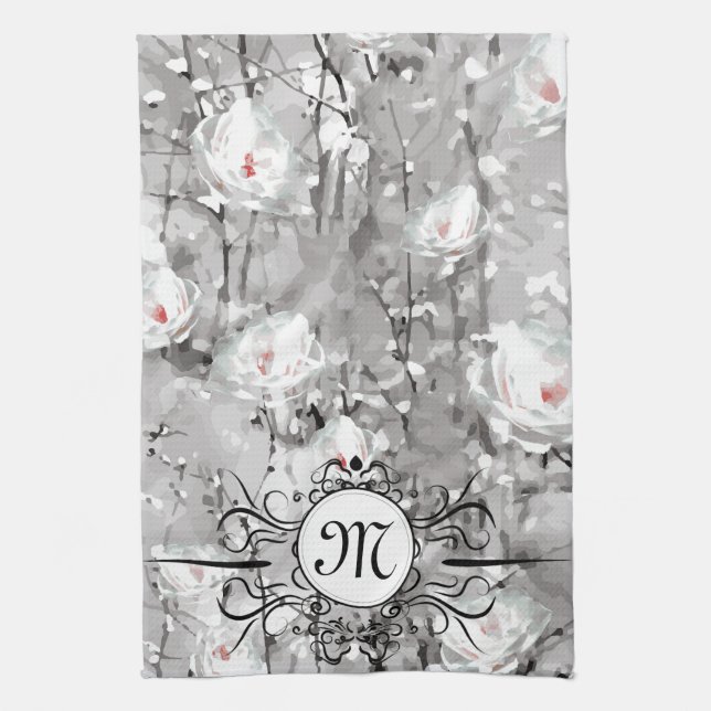 White rose flower winter floral gray kitchen towel (Vertical)