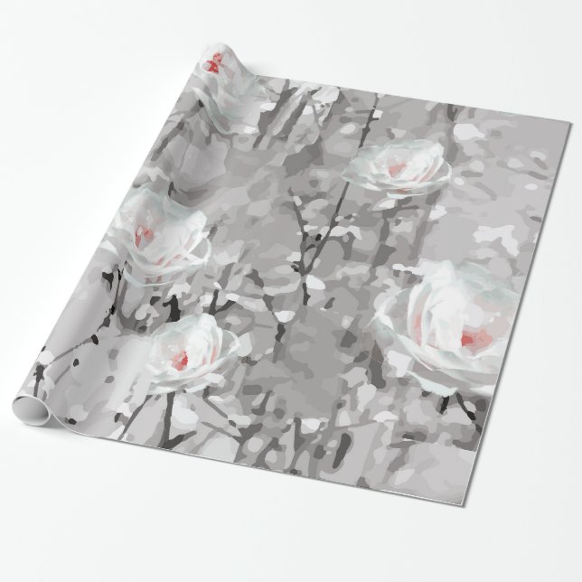 White rose flower winter floral gray wrapping paper (Unrolled)