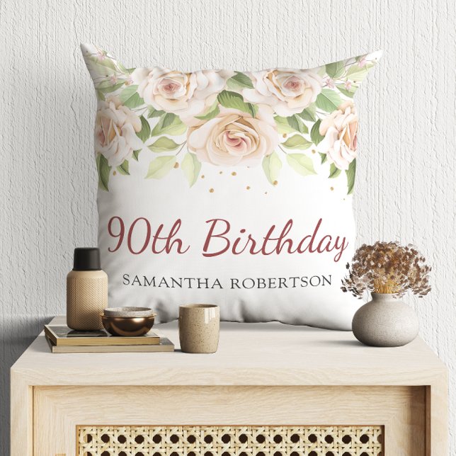 White Rose Flowers 90th Birthday Gift Throw Pillow (Creator Uploaded)