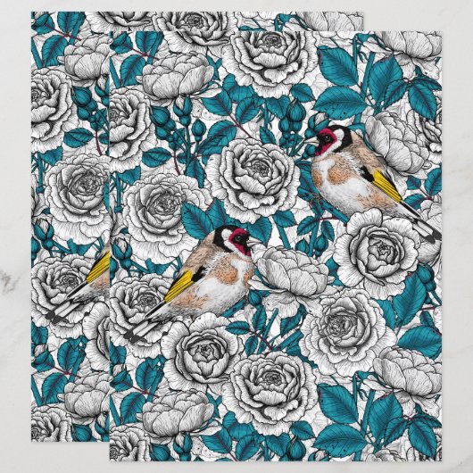 White rose flowers and goldfinch birds (Front/Back)