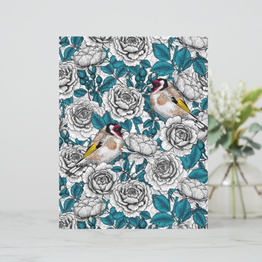White rose flowers and goldfinch birds (Standing Front)