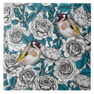 White rose flowers and goldfinch birds ceramic tile