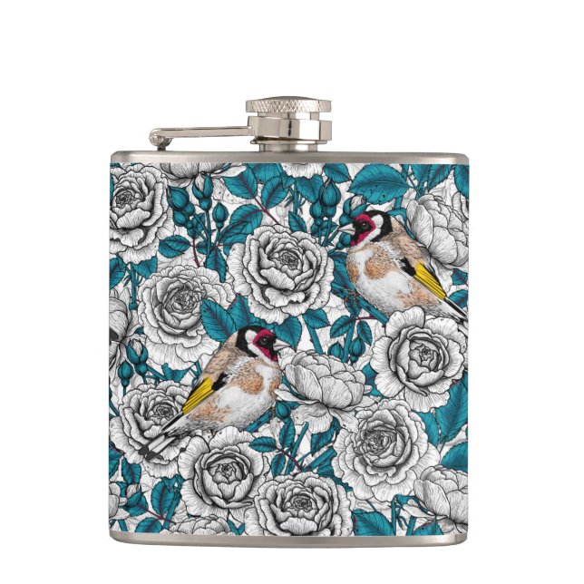 White rose flowers and goldfinch birds flask (Front)