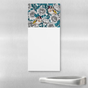 White rose flowers and goldfinch birds magnetic notepad