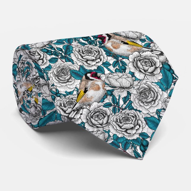 White rose flowers and goldfinch birds neck tie (Rolled)