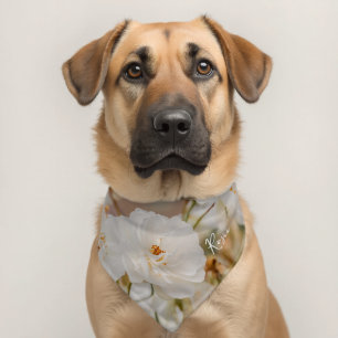 White Rose Flowers Botanical Photo Custom Pet Name Bandana Collar