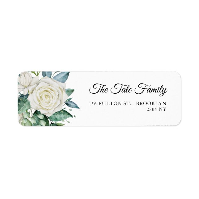  White Rose Flowers Eucalyptus Baptism Address Label (Front)