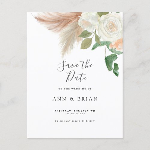 White Rose flowers floral eucalyptus Save the Date Postcard