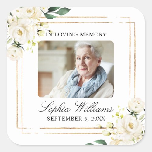 White Rose Flowers Memorial Funeral Square Sticker