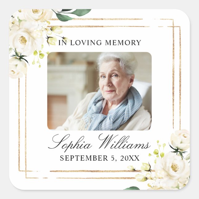 White Rose Flowers Memorial Funeral Square Sticker (Front)