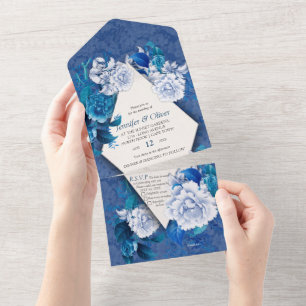 White Rose Flowers on Blue pattern paper All In One Invitation