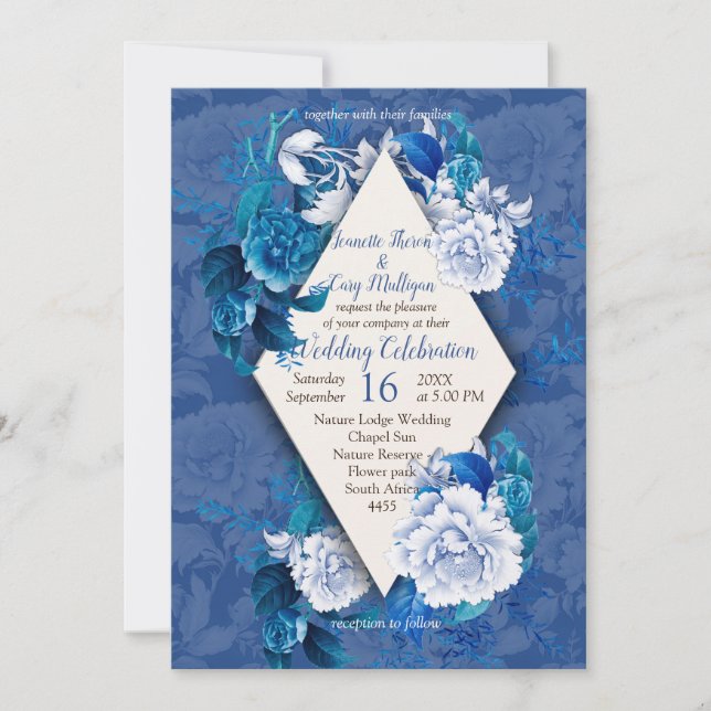 White Rose Flowers on Blue pattern paper  Invitation (Front)