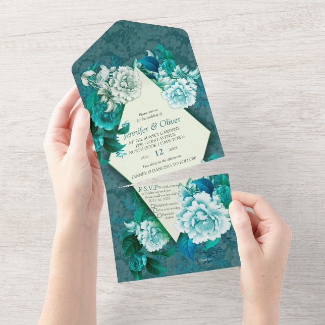 White Rose Flowers on Green pattern paper  All In One Invitation (Tearaway)