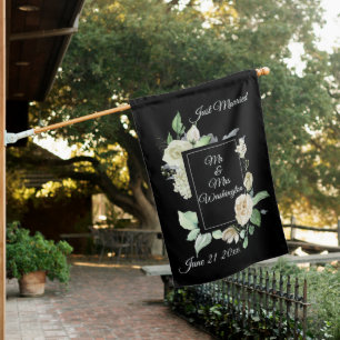 White Rose Frame Just Married with Date Wedding House Flag