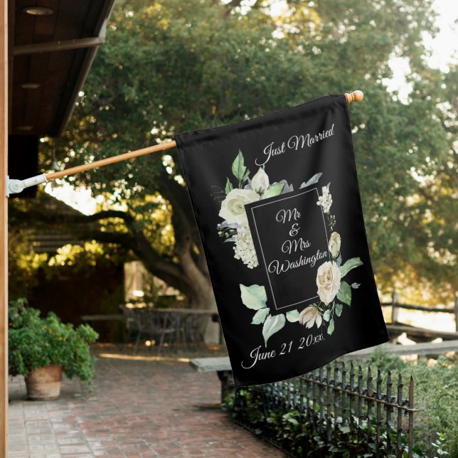 White Rose Frame Just Married with Date Wedding House Flag (In SItu)