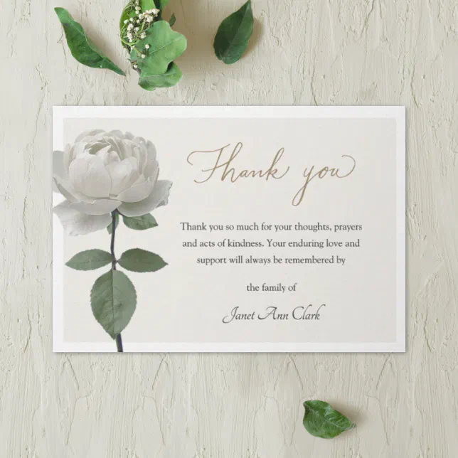 White Rose Funeral & Sympathy Thank You Note Card | Zazzle