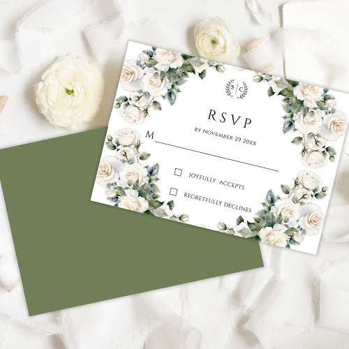 White Rose Garland Monogram Wedding RSVP Card
