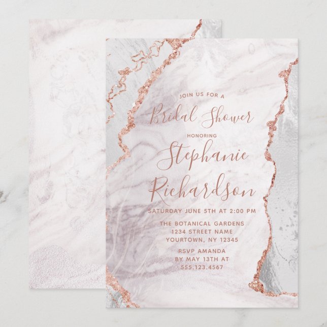 White & Rose Gold Agate Bridal Shower Invitation (Front/Back)