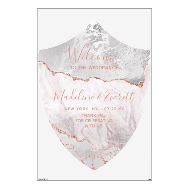 White & Rose Gold Agate Crest Wedding Welcome Sign Wall Decal (Front)