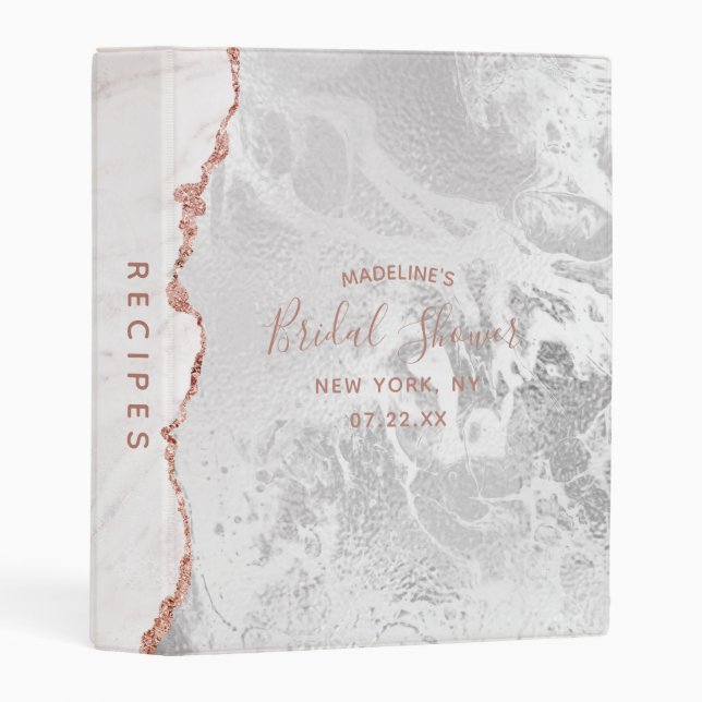 White & Rose Gold Agate Gilt Bridal Shower Recipe Mini Binder (Front/Spine)
