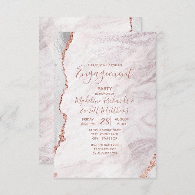 White & Rose Gold Agate Marble Engagement Party Invitation (Front/Back)