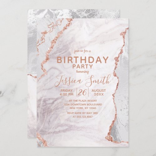 White  Rose Gold Agate Marble Foil Birthday Party Invitation