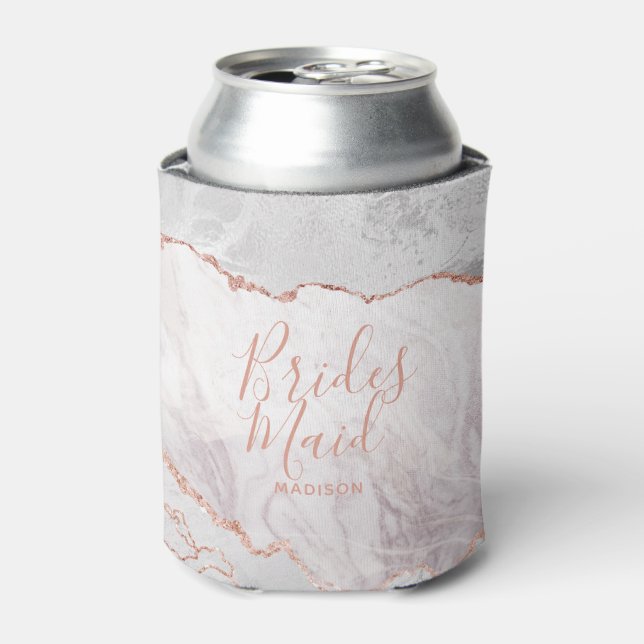White & Rose Gold Agate Marble Foil Bridesmaid Can Cooler (Can Front)