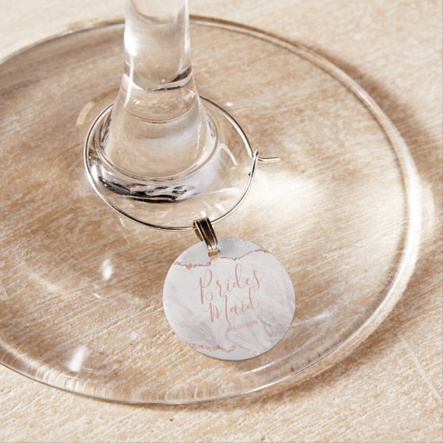 White & Rose Gold Agate Marble Foil Bridesmaid Wine Charm (In Situ)